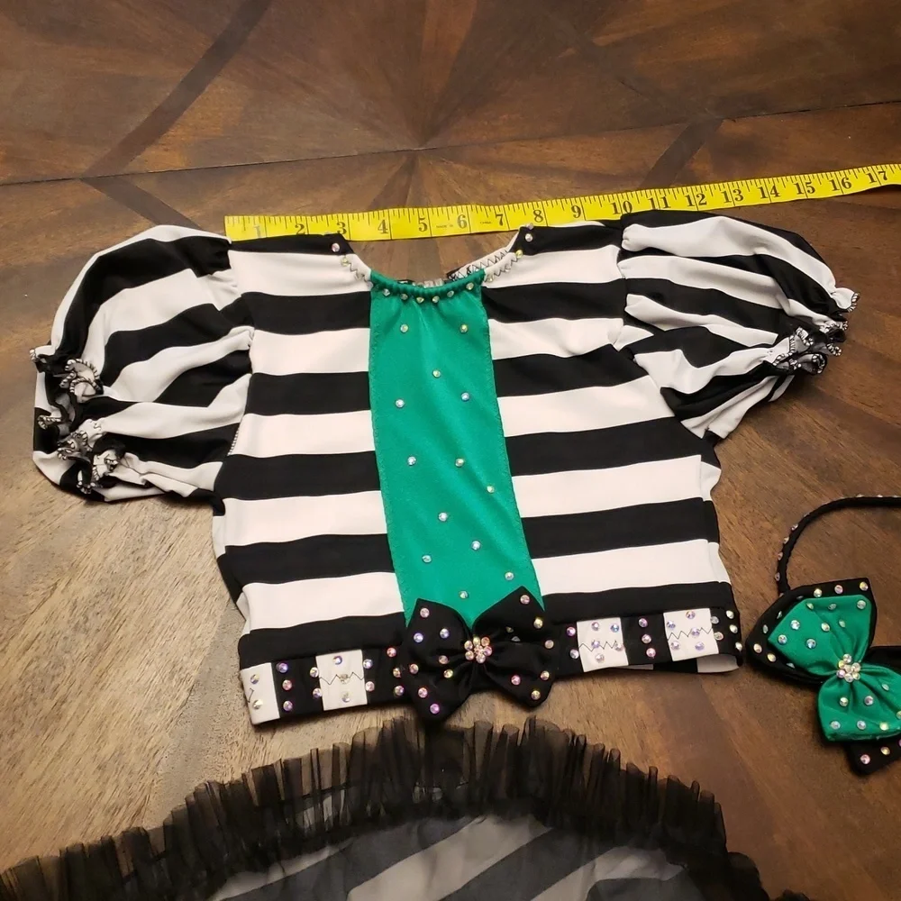 Striped Black and White Kids Dance  Costume Rhinestones Beetlejuice Waistress
